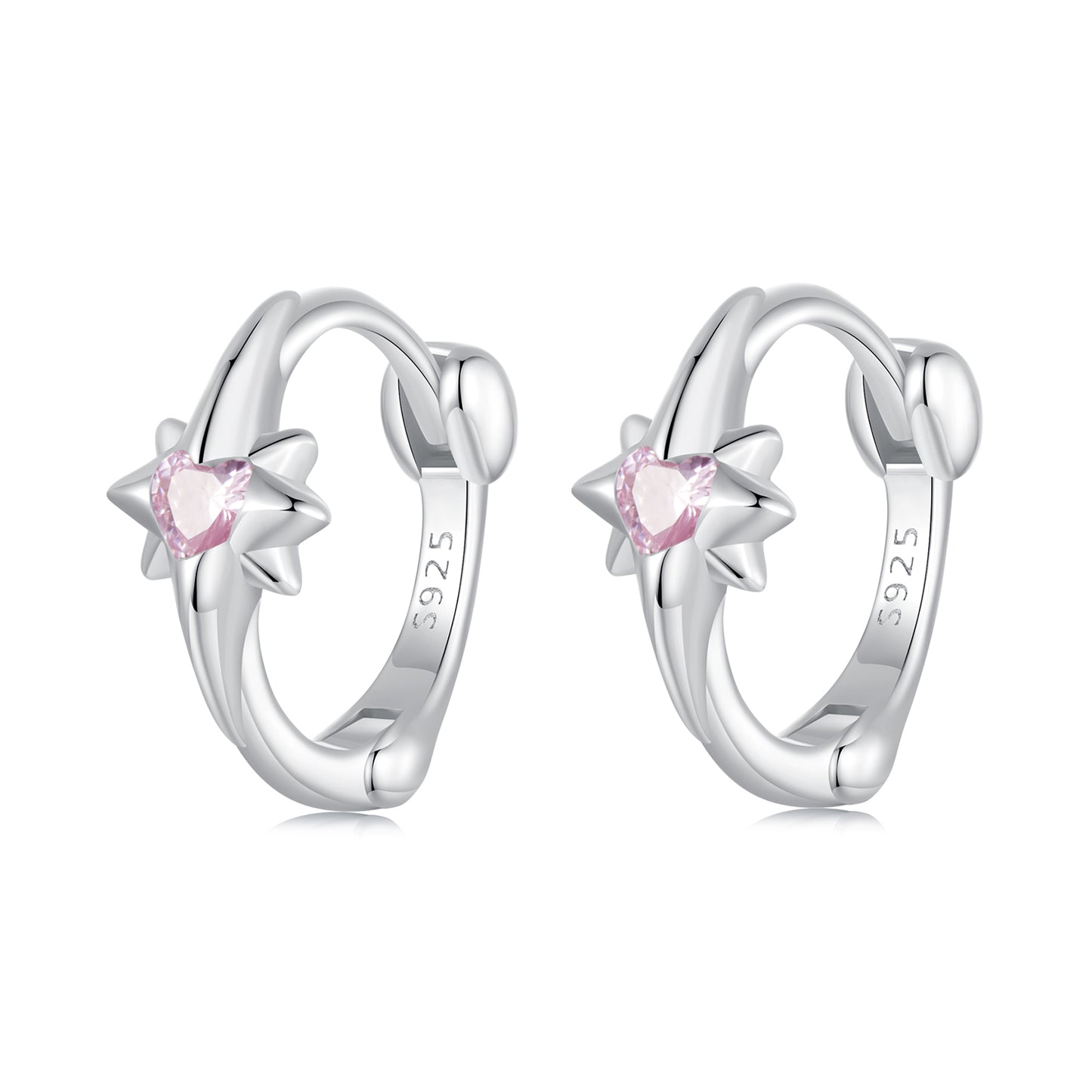 Hoop Earrings Star S925 Silver With Pink CZ Stone