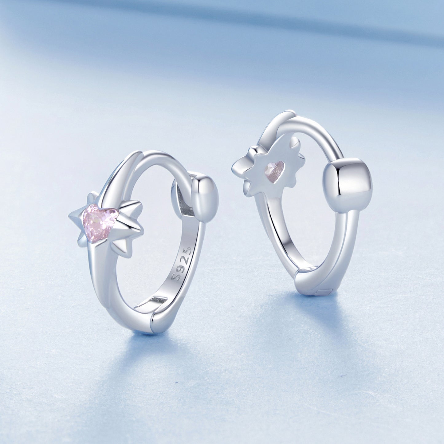 Hoop Earrings Star S925 Silver With Pink CZ Stone