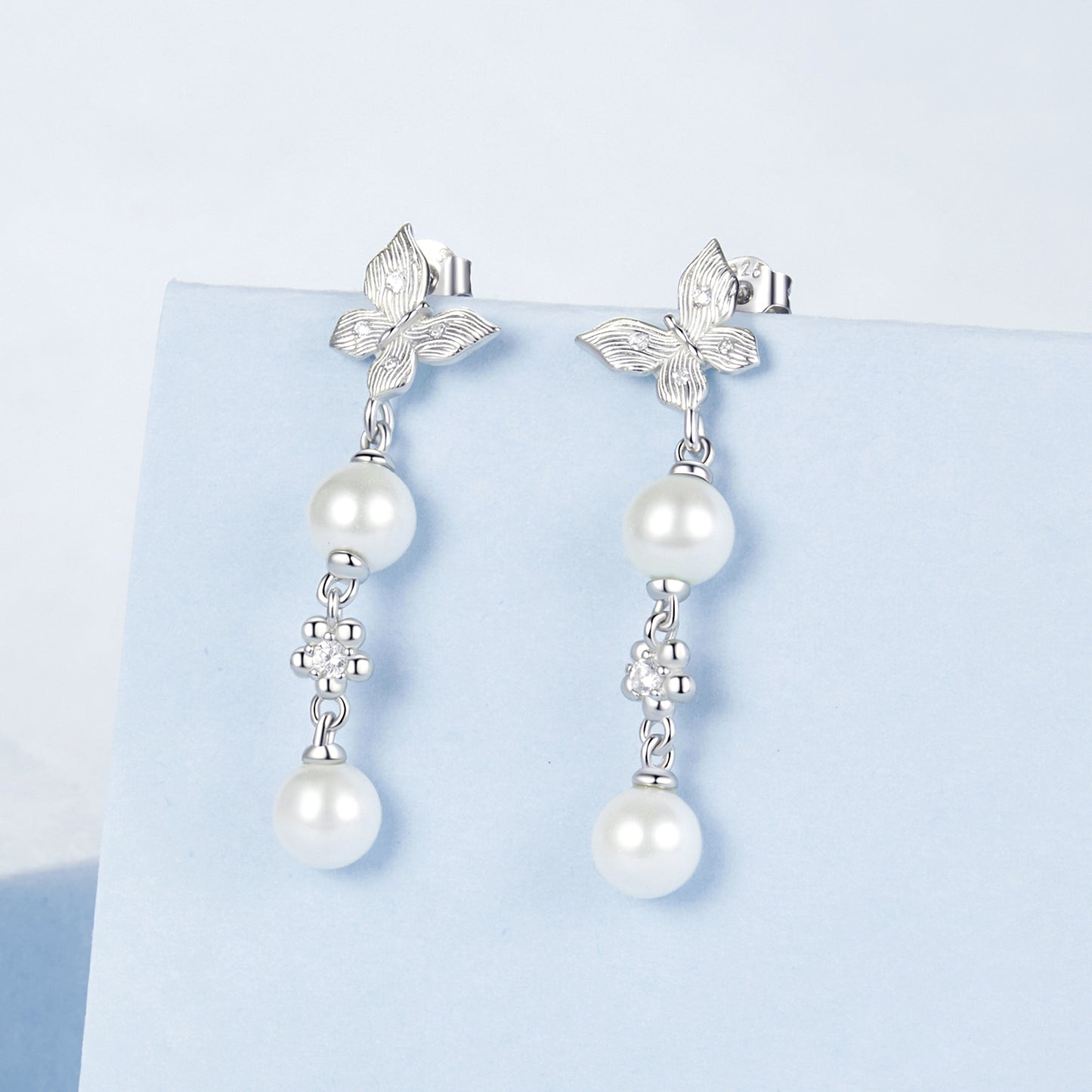 Drop Earrings Butterfly And Pearl S925 Silver