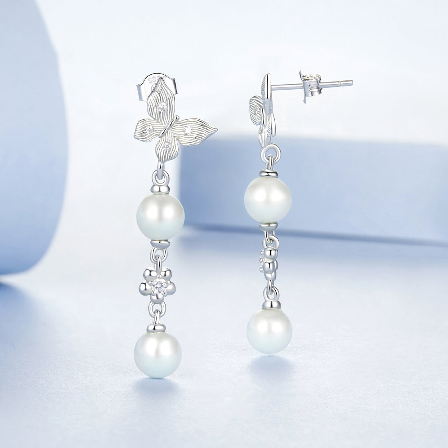 Drop Earrings Butterfly And Pearl S925 Silver