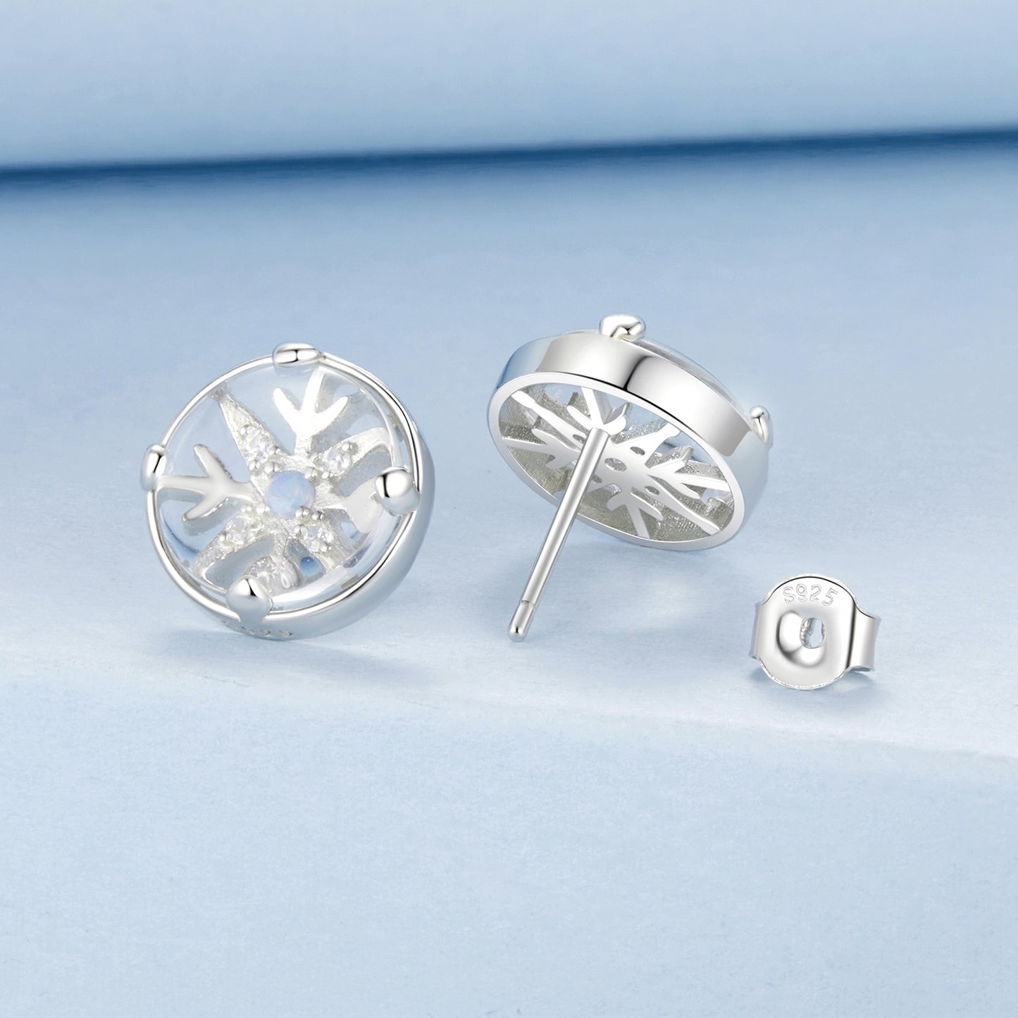 Stud Earrings Crystal Ball Snowflakes S925 Silver With CZ Stones