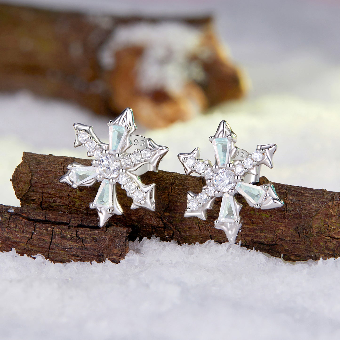 Stud Earrings Sparkling Snowflake S925 Silver With CZ Stones