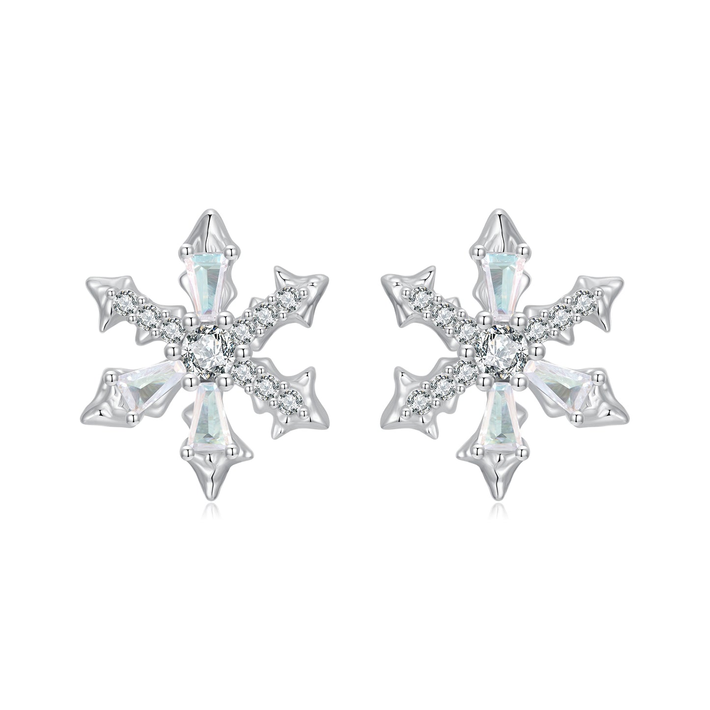 Stud Earrings Sparkling Snowflake S925 Silver With CZ Stones