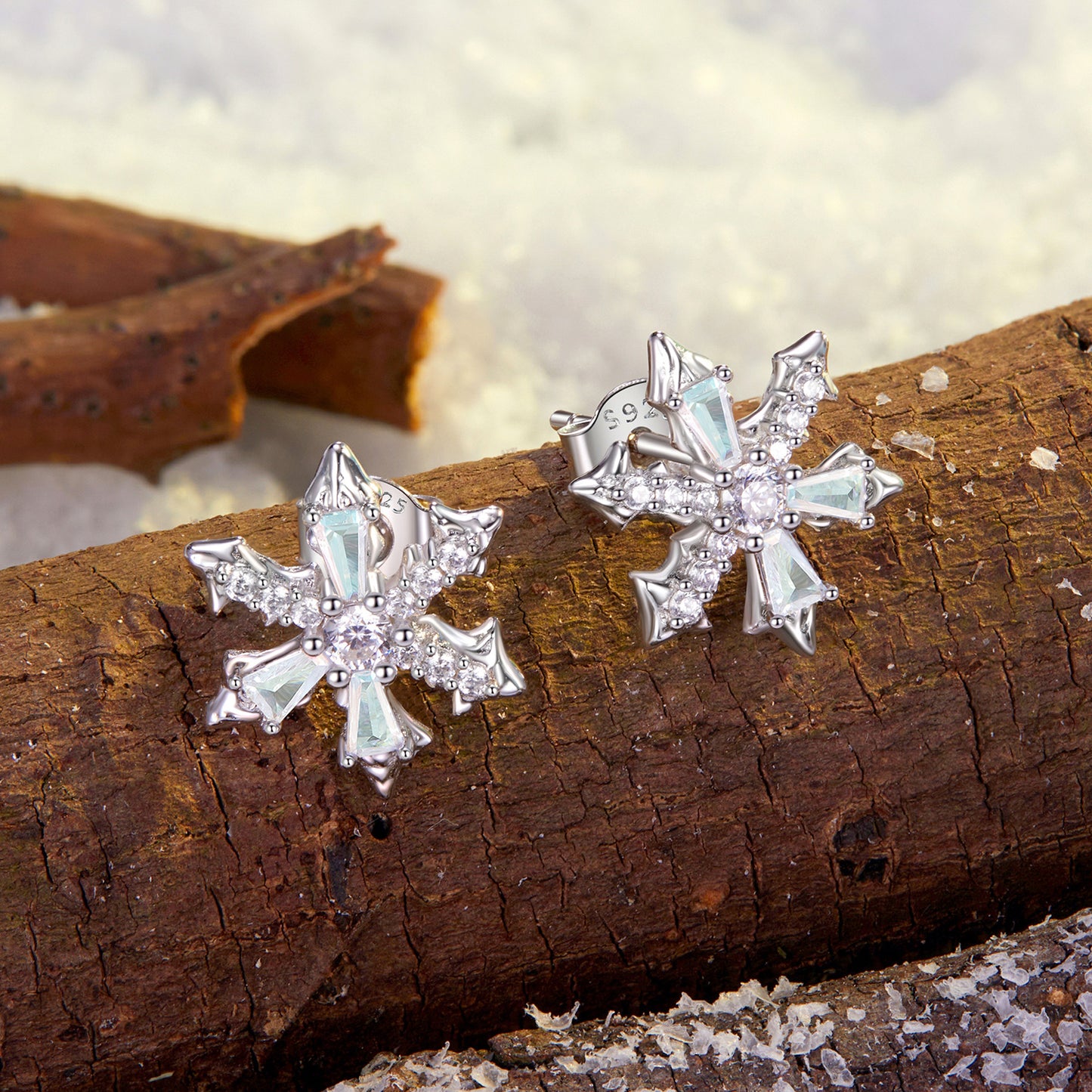 Stud Earrings Sparkling Snowflake S925 Silver With CZ Stones