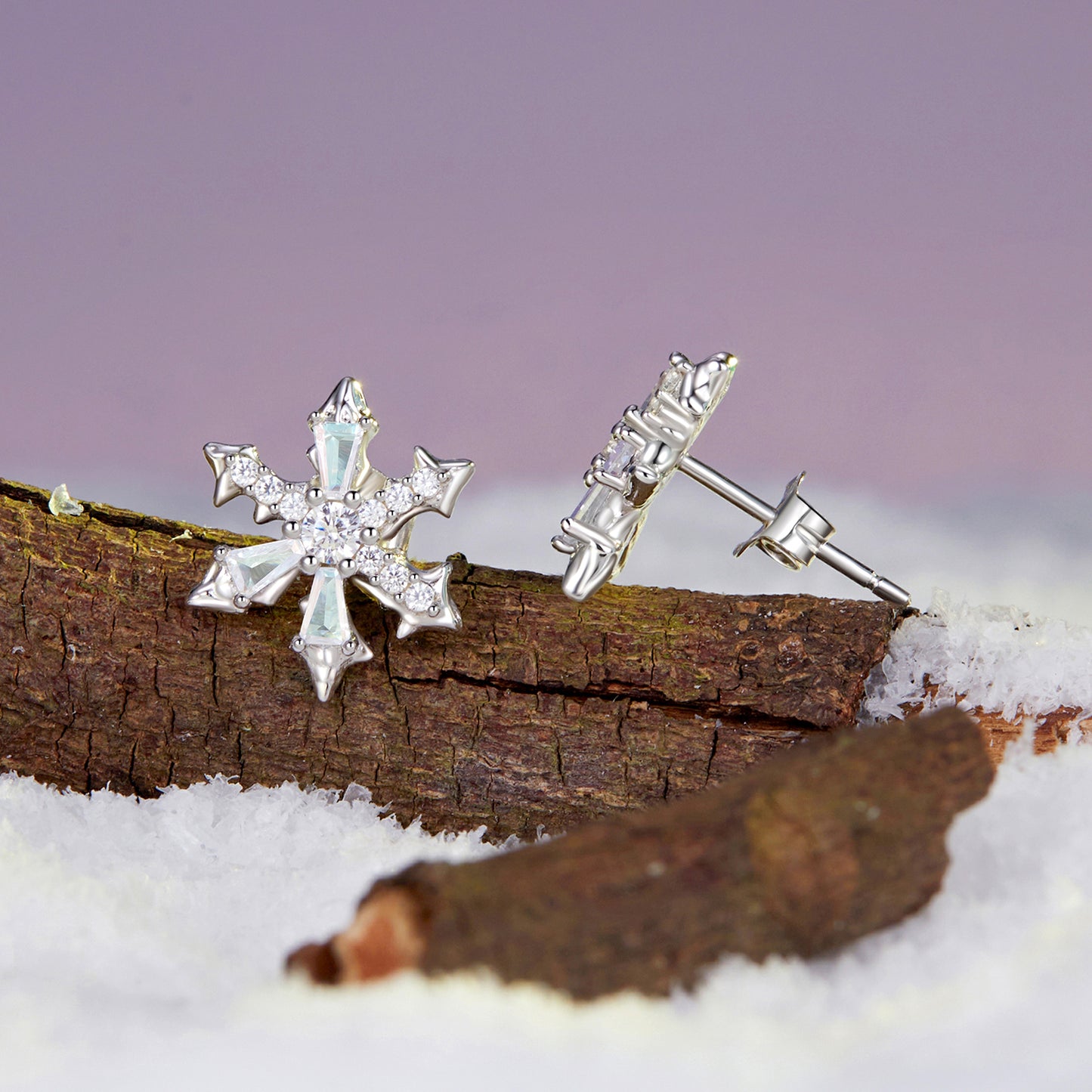 Stud Earrings Sparkling Snowflake S925 Silver With CZ Stones