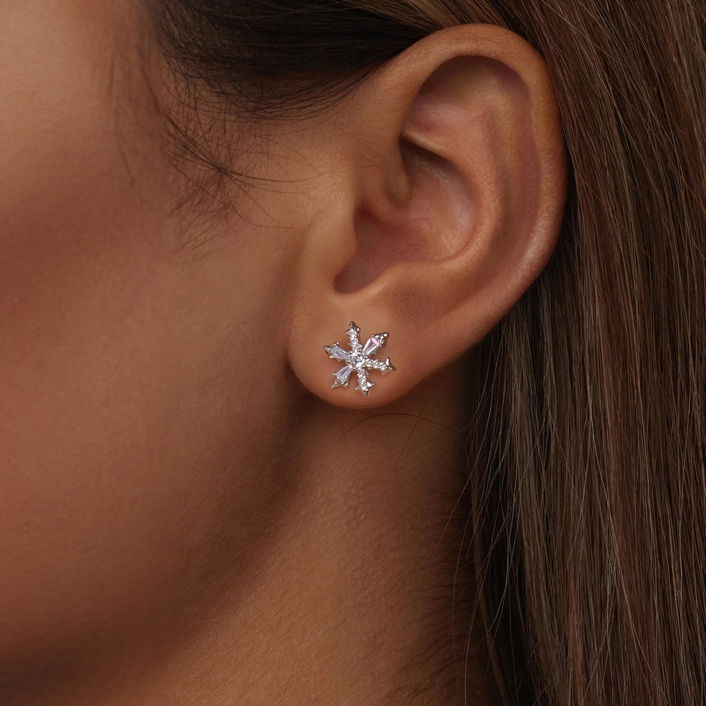 Stud Earrings Sparkling Snowflake S925 Silver With CZ Stones