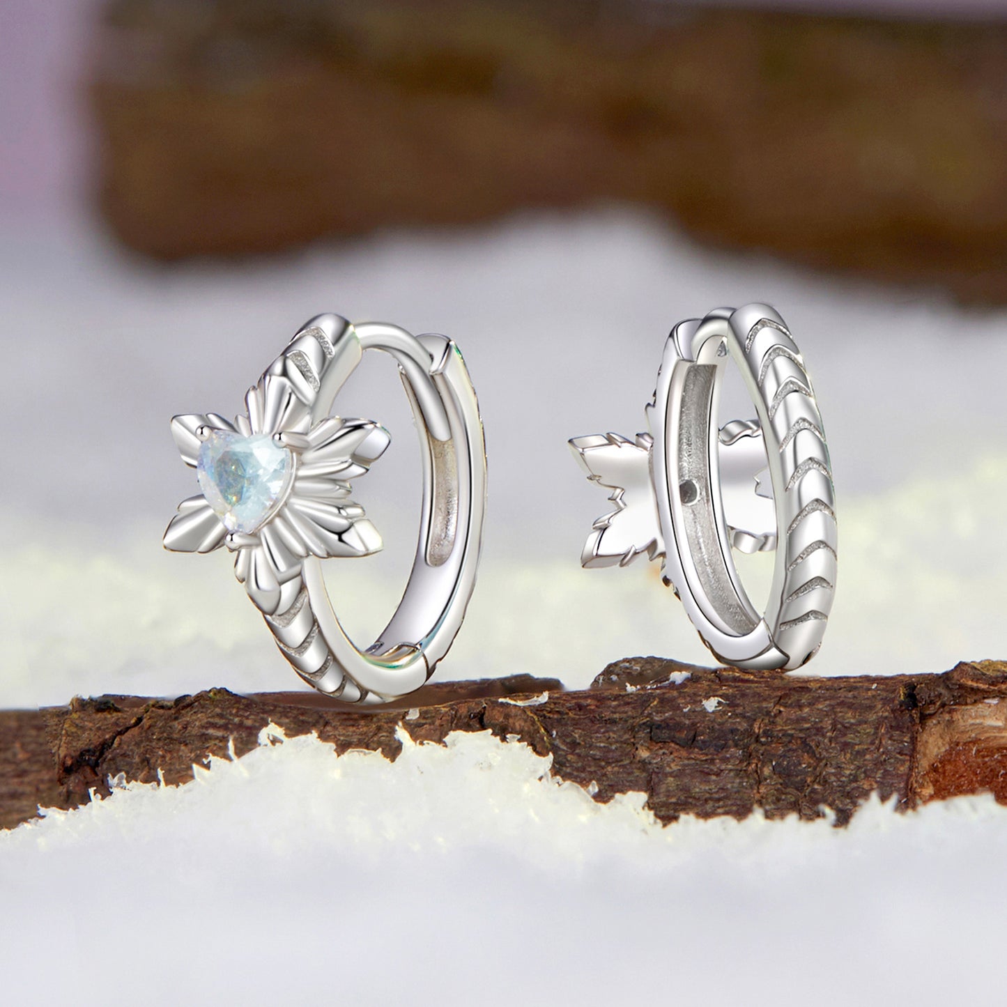 Hoop Earrings Snowflake With Heart Shaped Glass S925 Silver