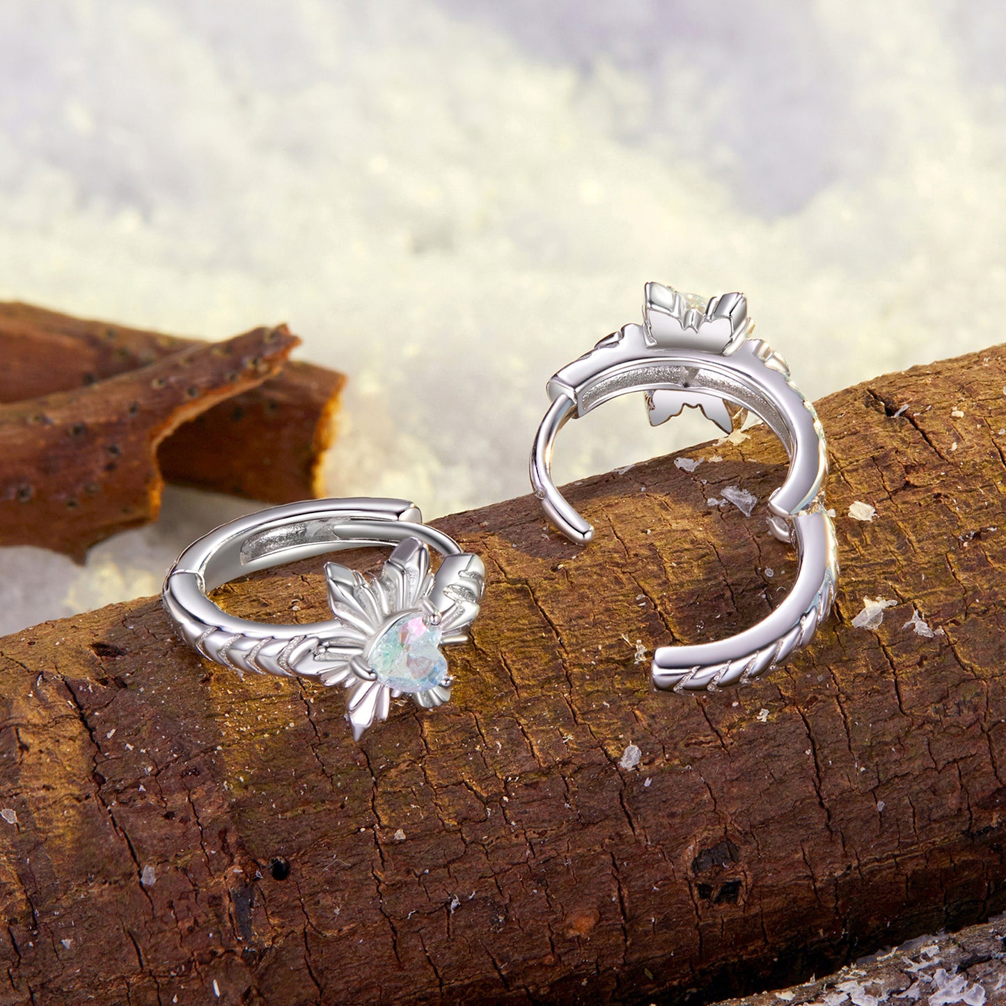 Hoop Earrings Snowflake With Heart Shaped Glass S925 Silver