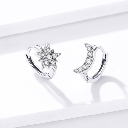 Hoop Earrings Stars And Moon 925 Silver With CZ Stones