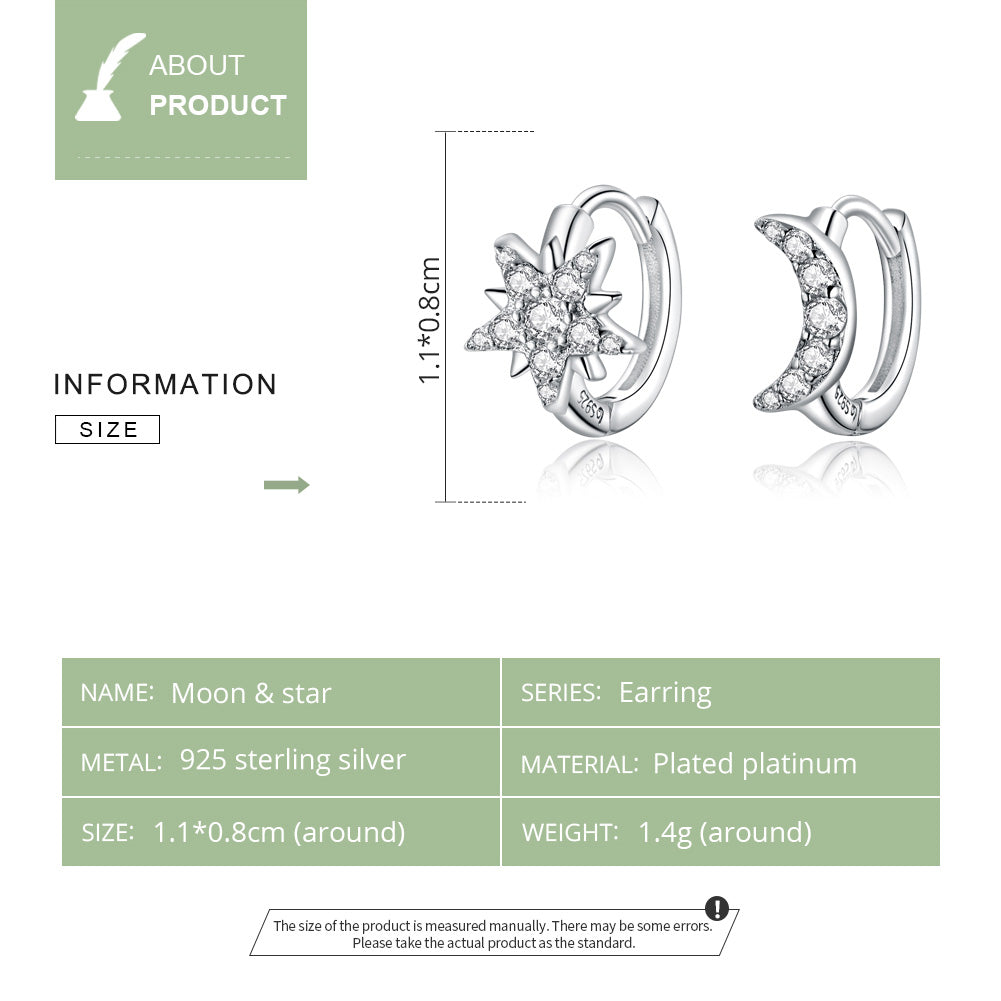 Boucles D'oreilles Créoles Étoiles Et Lune En Argent 925 Avec Pierres CZ