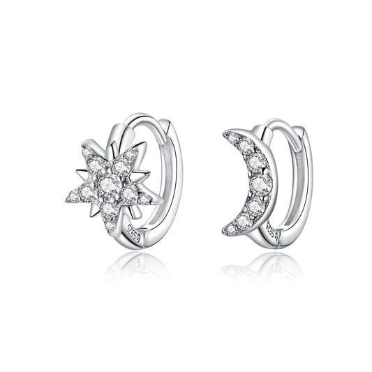 Boucles D'oreilles Créoles Étoiles Et Lune En Argent 925 Avec Pierres CZ