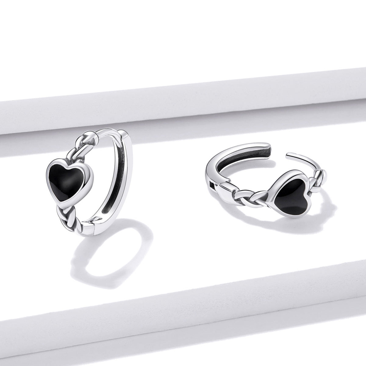 Boucles d'Oreilles Créoles Coeur Noir Argent 925