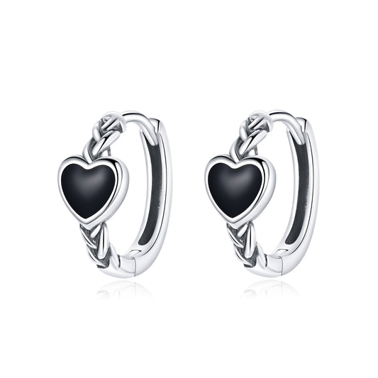 Hoop Earrings Black Heart 925 Silver