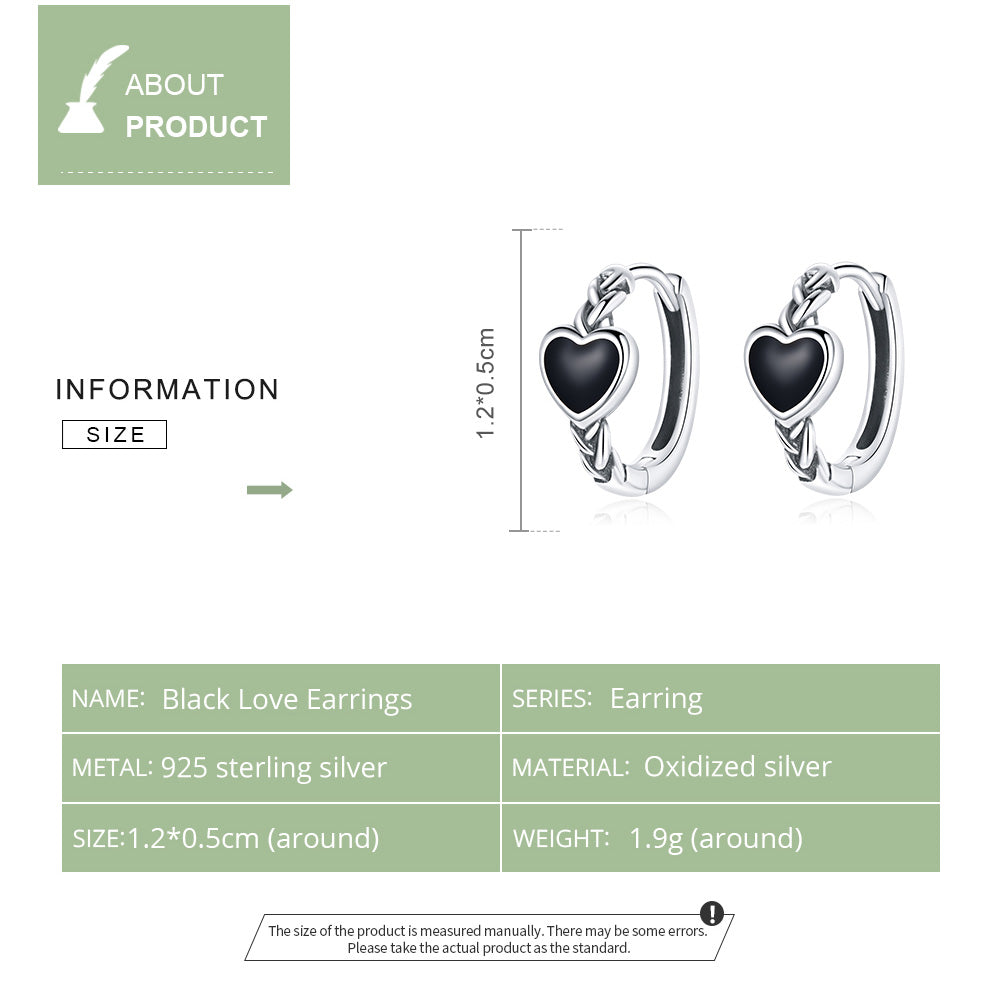 Boucles d'Oreilles Créoles Coeur Noir Argent 925