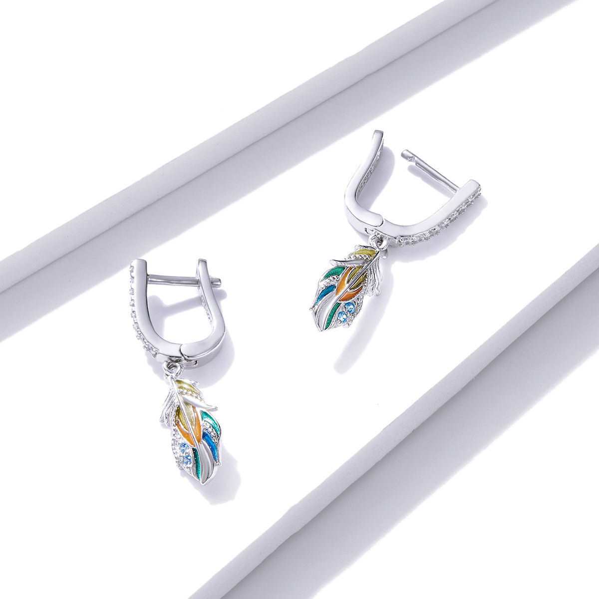 Drop Earrings Colorful Feather 925 Silver With Zircons