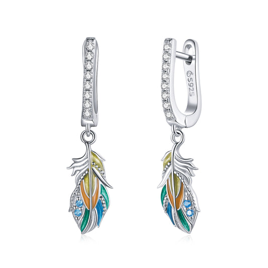 Boucles D'Oreilles Pendantes Plume Colorée Argent 925 Avec Zircons