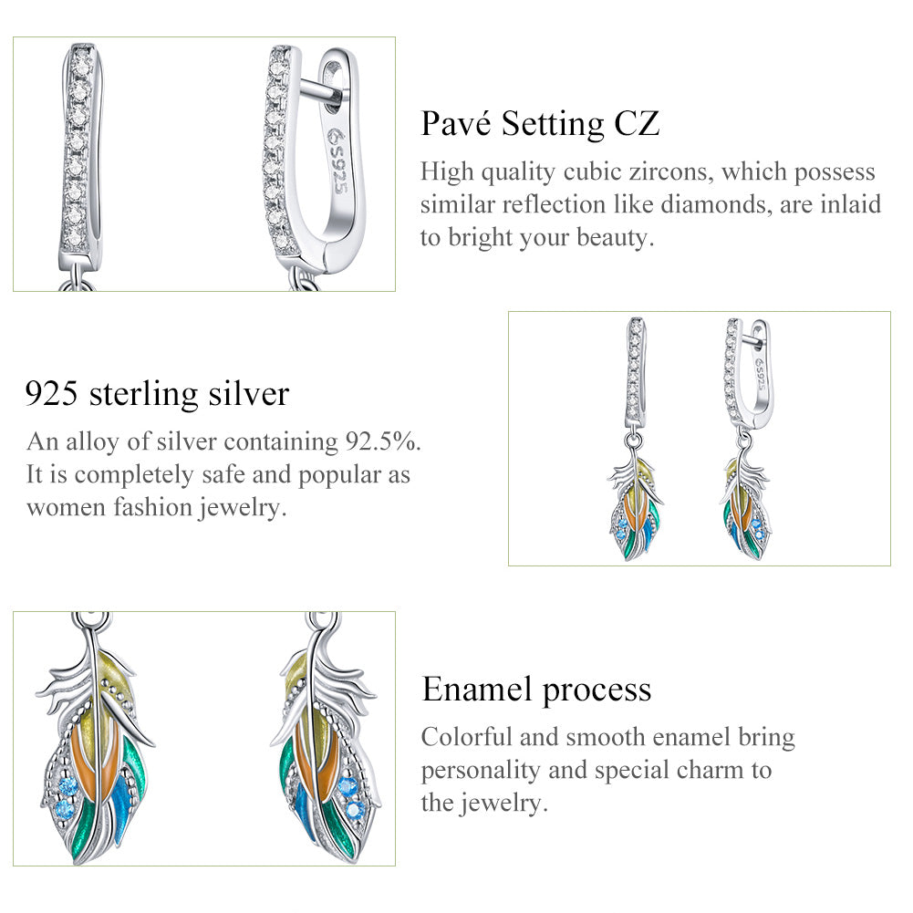 Drop Earrings Colorful Feather 925 Silver With Zircons