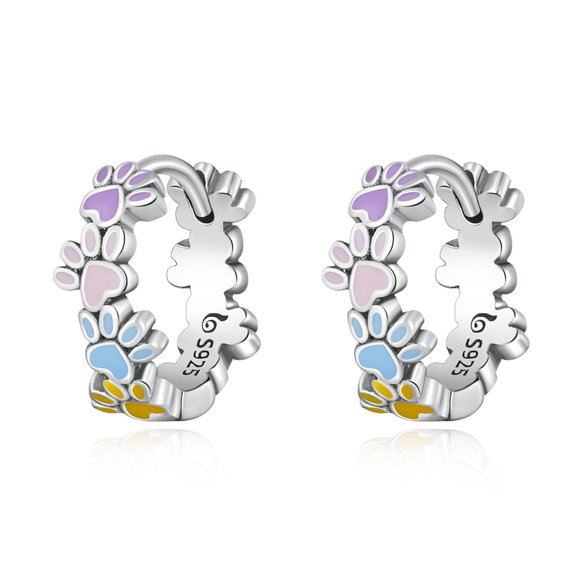 Hoop Earrings Colorful Paw Prints S925 Silver