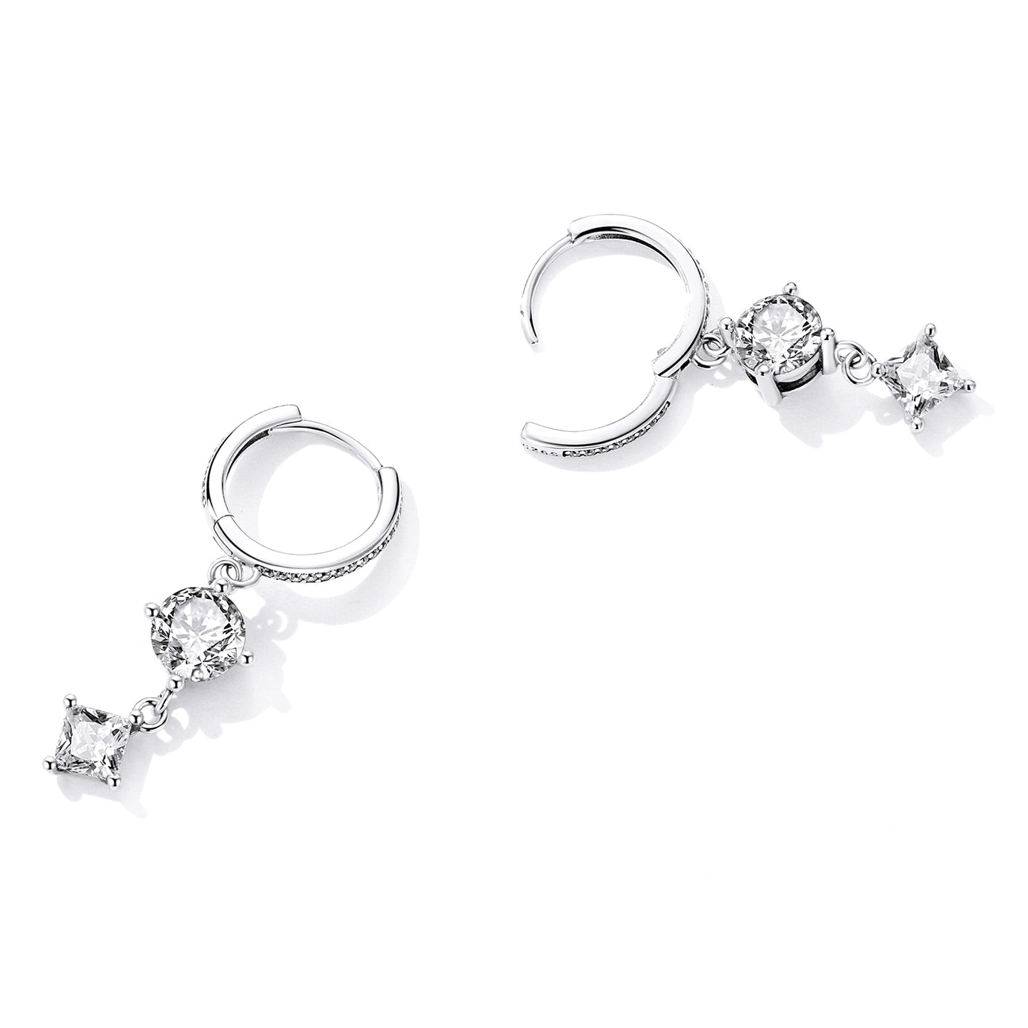 Boucles d'Oreilles Pendantes Rondes &amp; Zircons Taille Princesse Argent 925