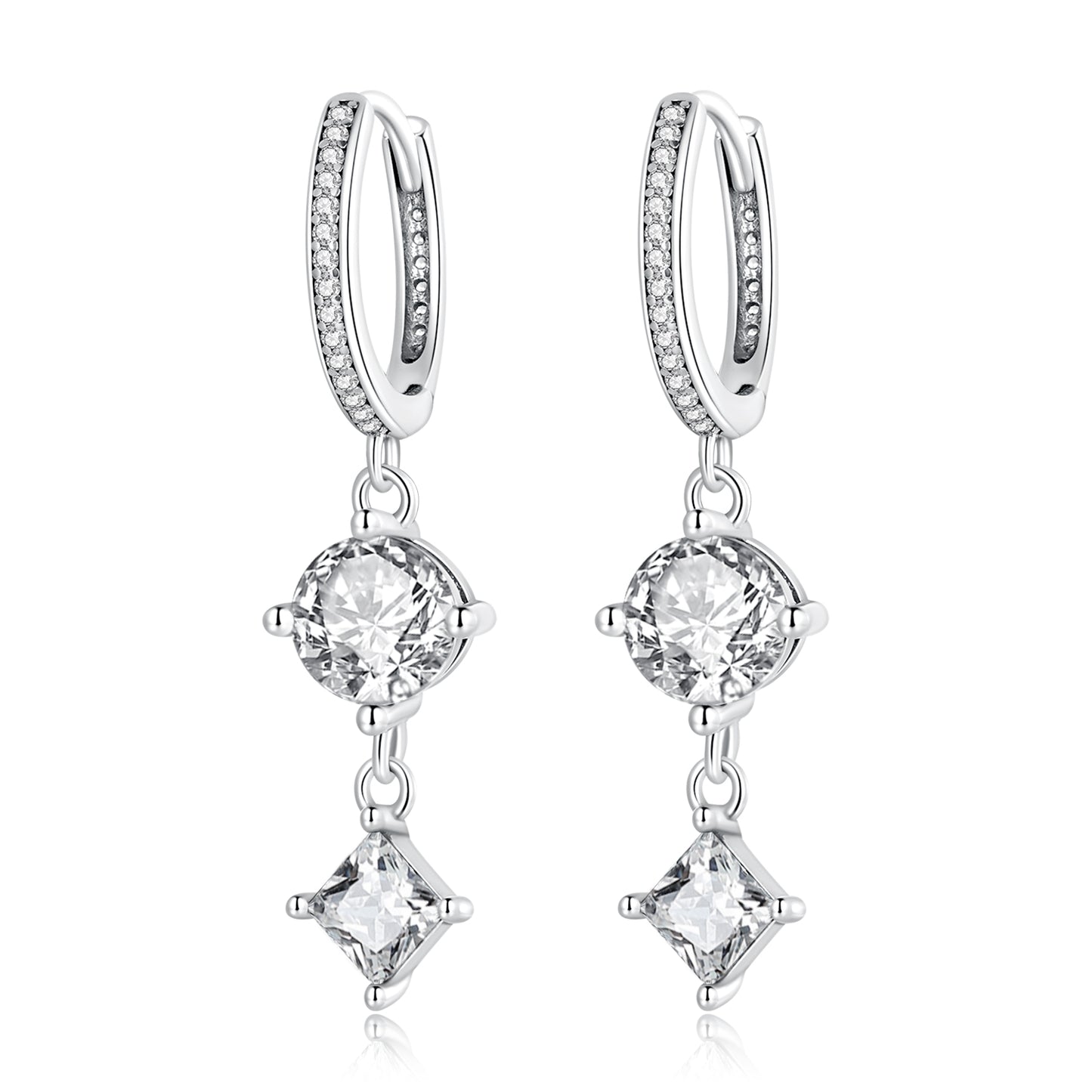 Drop Earrings Round & Princess Cut Zircons 925 Silver