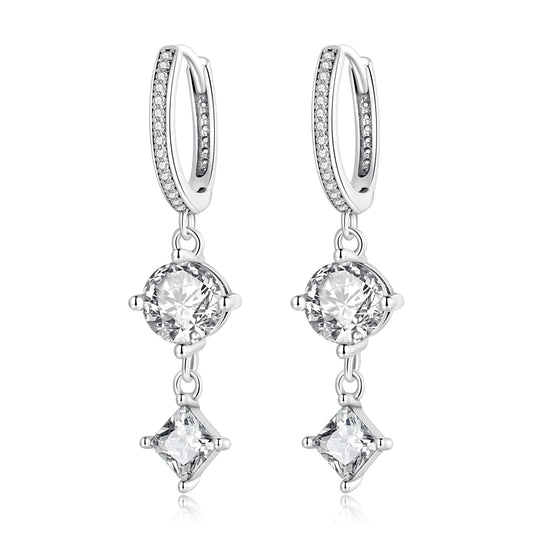 Boucles d'Oreilles Pendantes Rondes &amp; Zircons Taille Princesse Argent 925