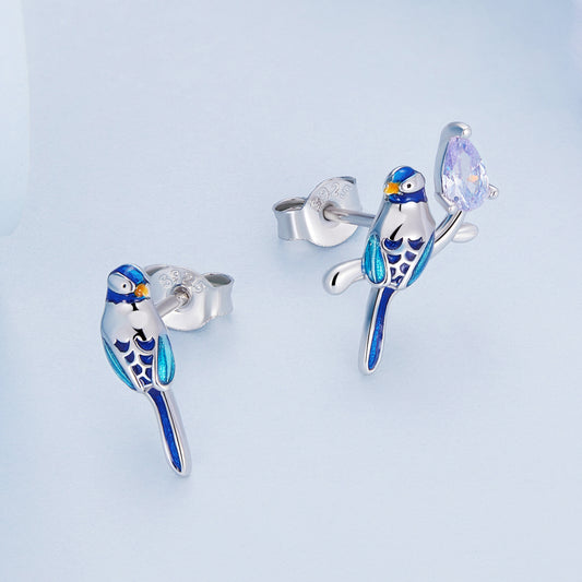 Boucles d'oreilles clous petit oiseau en argent sterling 925 asymétriques