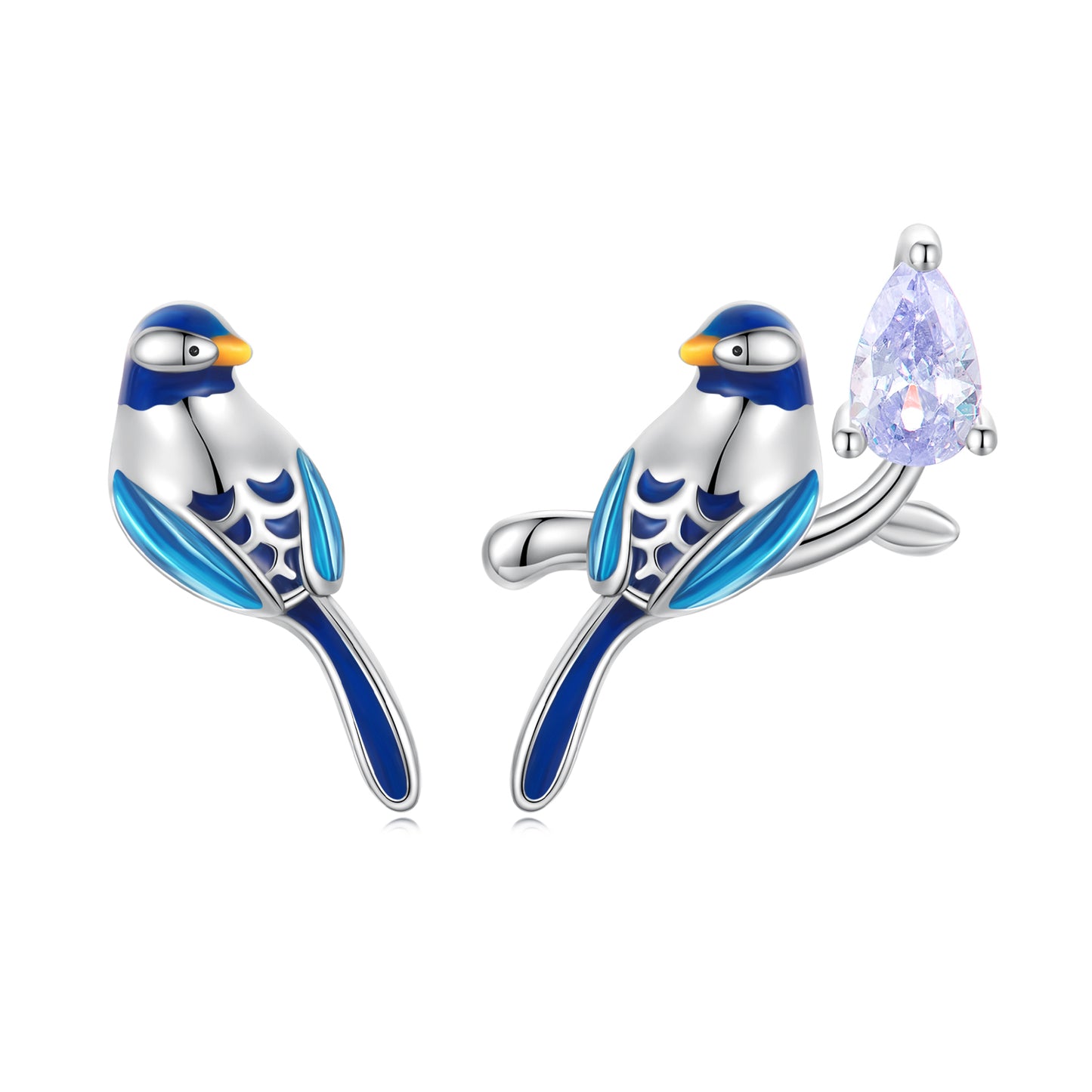 Boucles d'oreilles clous petit oiseau en argent sterling 925 asymétriques