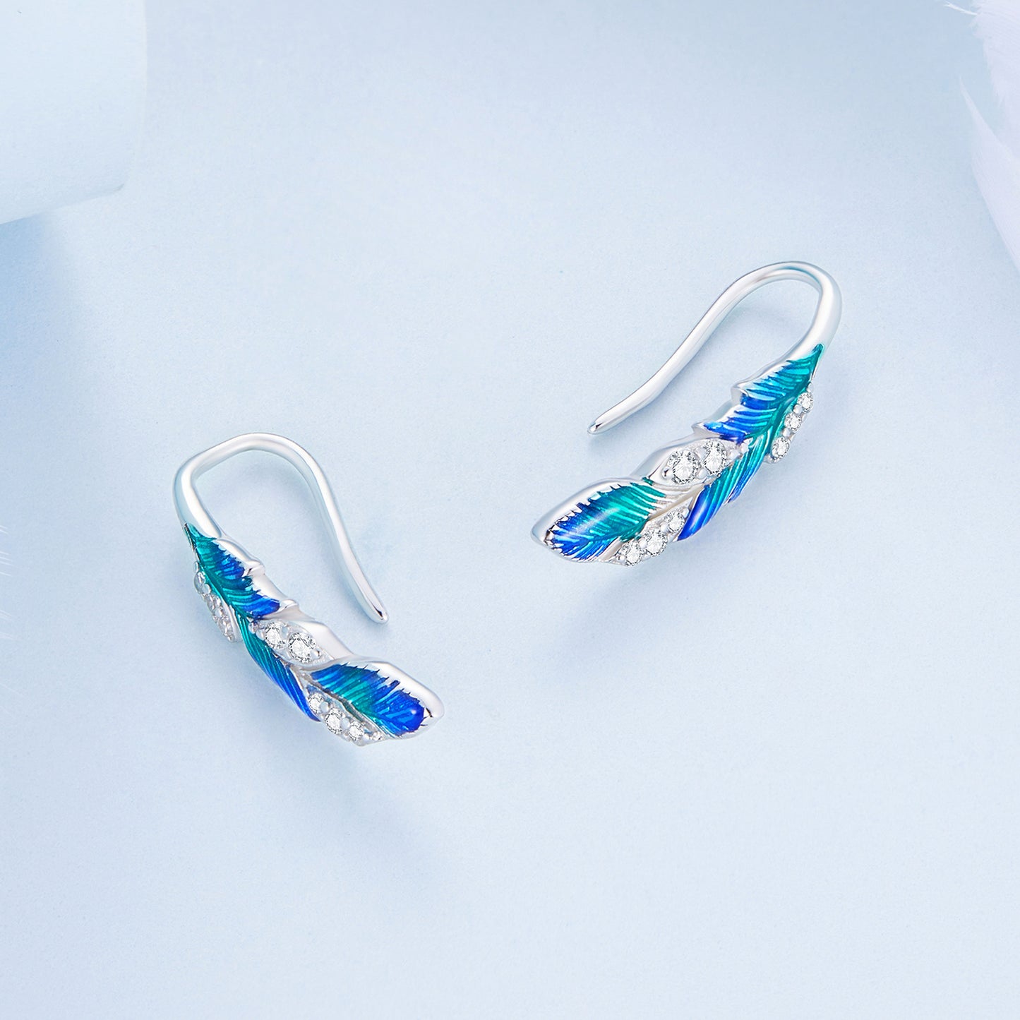 Boucles d'Oreilles Puces Plume Bleue Éblouissante Argent 925