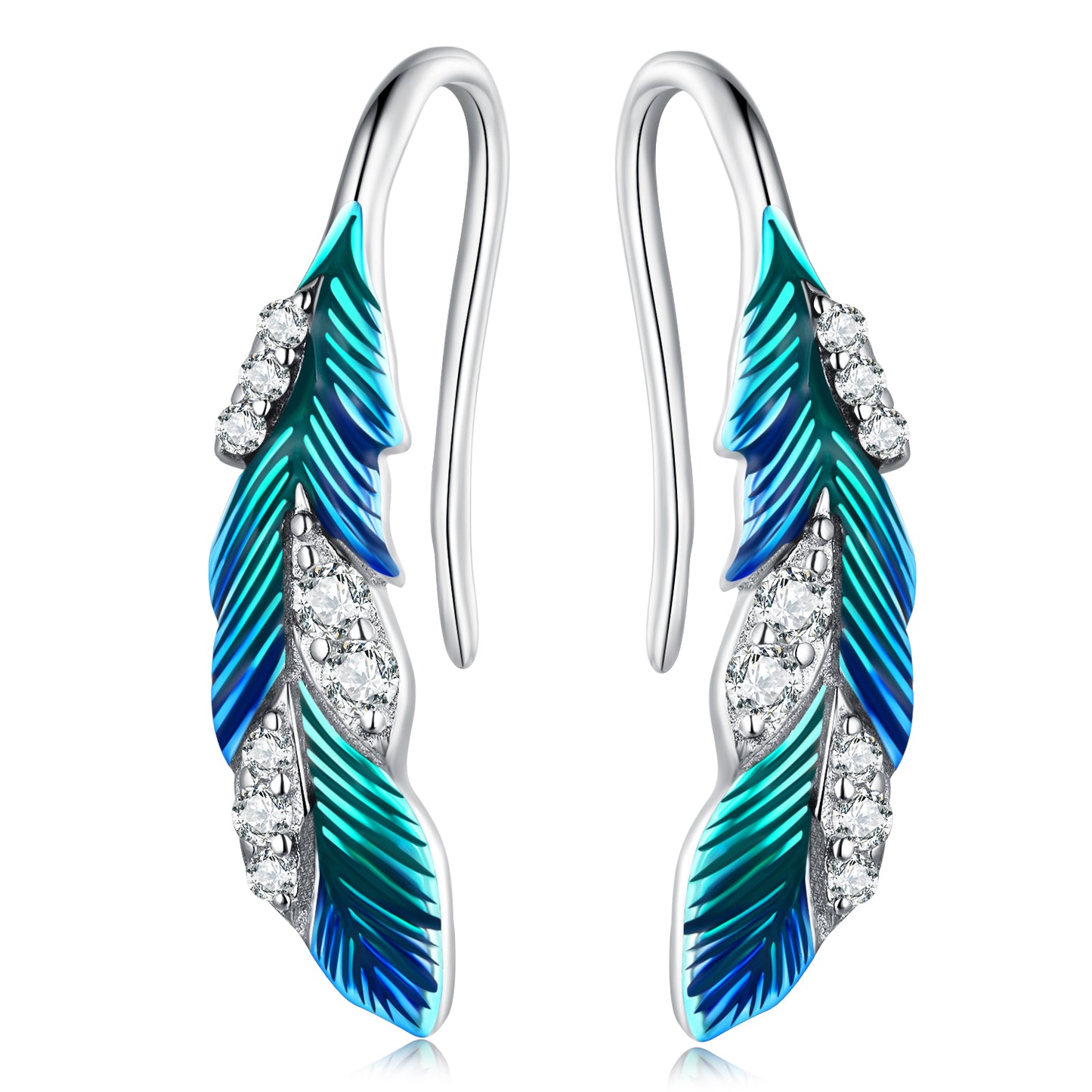 Boucles d'Oreilles Puces Plume Bleue Éblouissante Argent 925