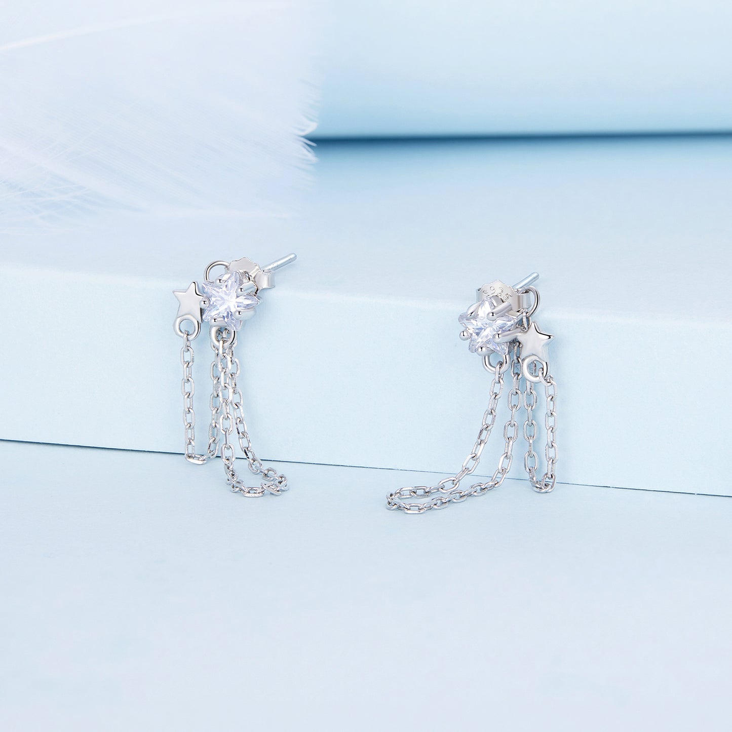 Boucles D'oreilles Pendantes Pompon Avec Étoiles Argent 925 Avec Zircons