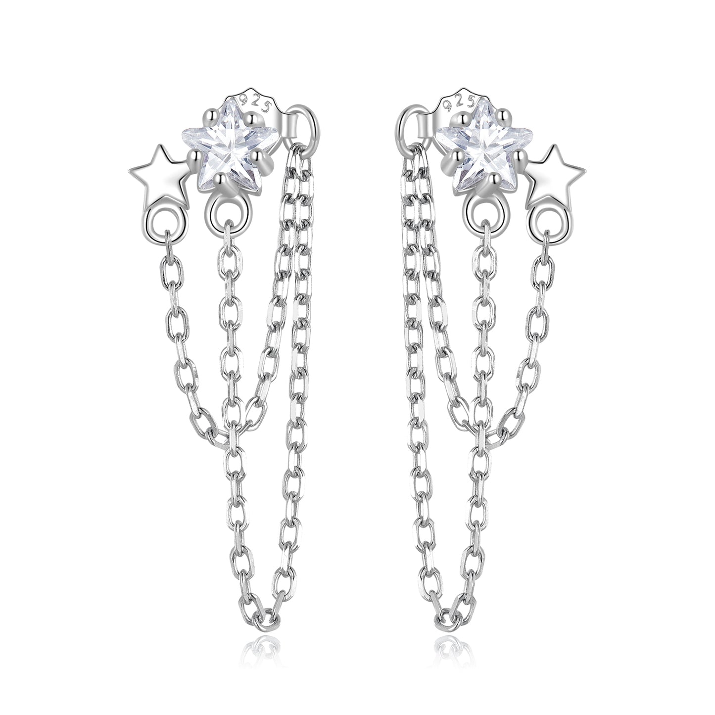 Boucles D'oreilles Pendantes Pompon Avec Étoiles Argent 925 Avec Zircons