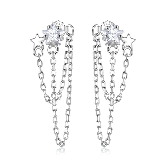 Boucles D'oreilles Pendantes Pompon Avec Étoiles Argent 925 Avec Zircons