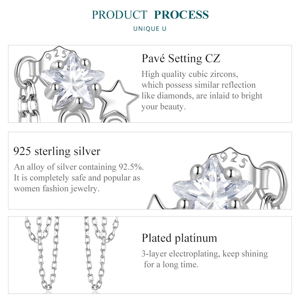 Tropfenohrringe Quaste mit Sternen aus 925er Silber mit Zirkonen