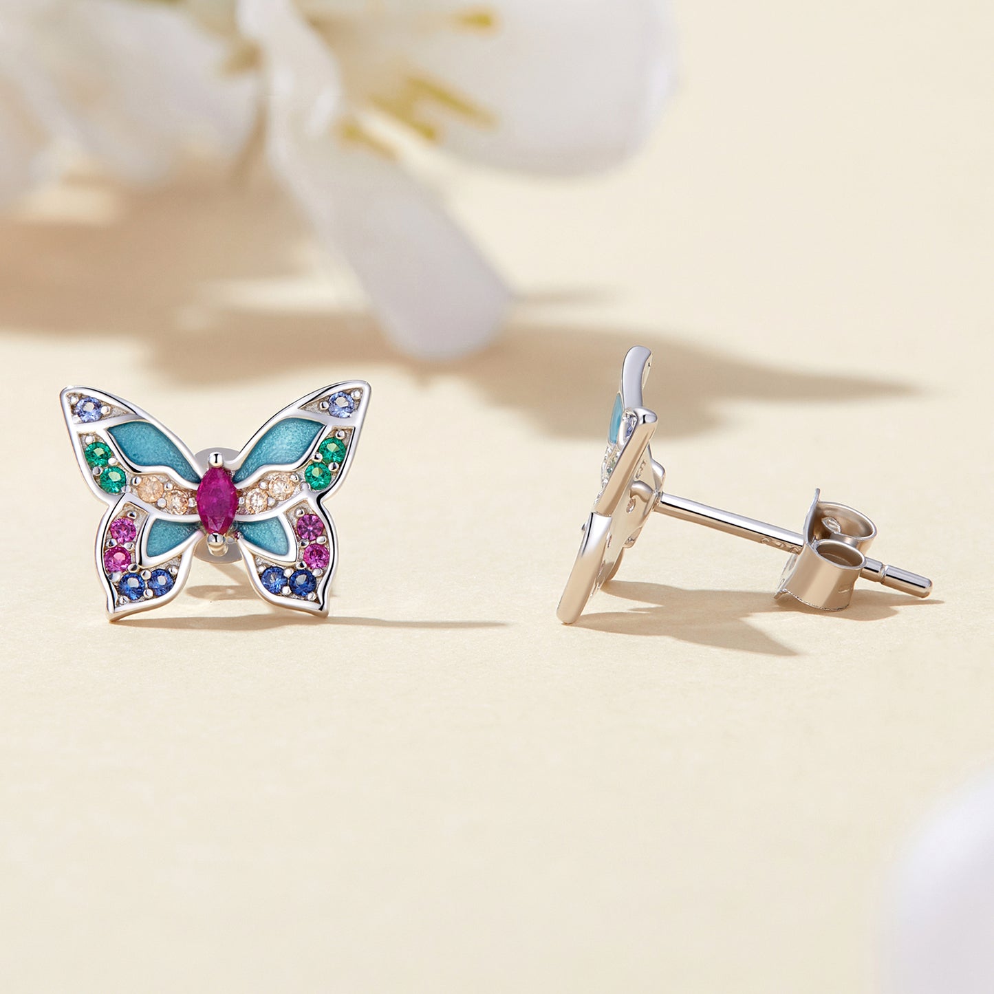 Stud Earrings Colorful Butterfly S925 Silver With Zircons