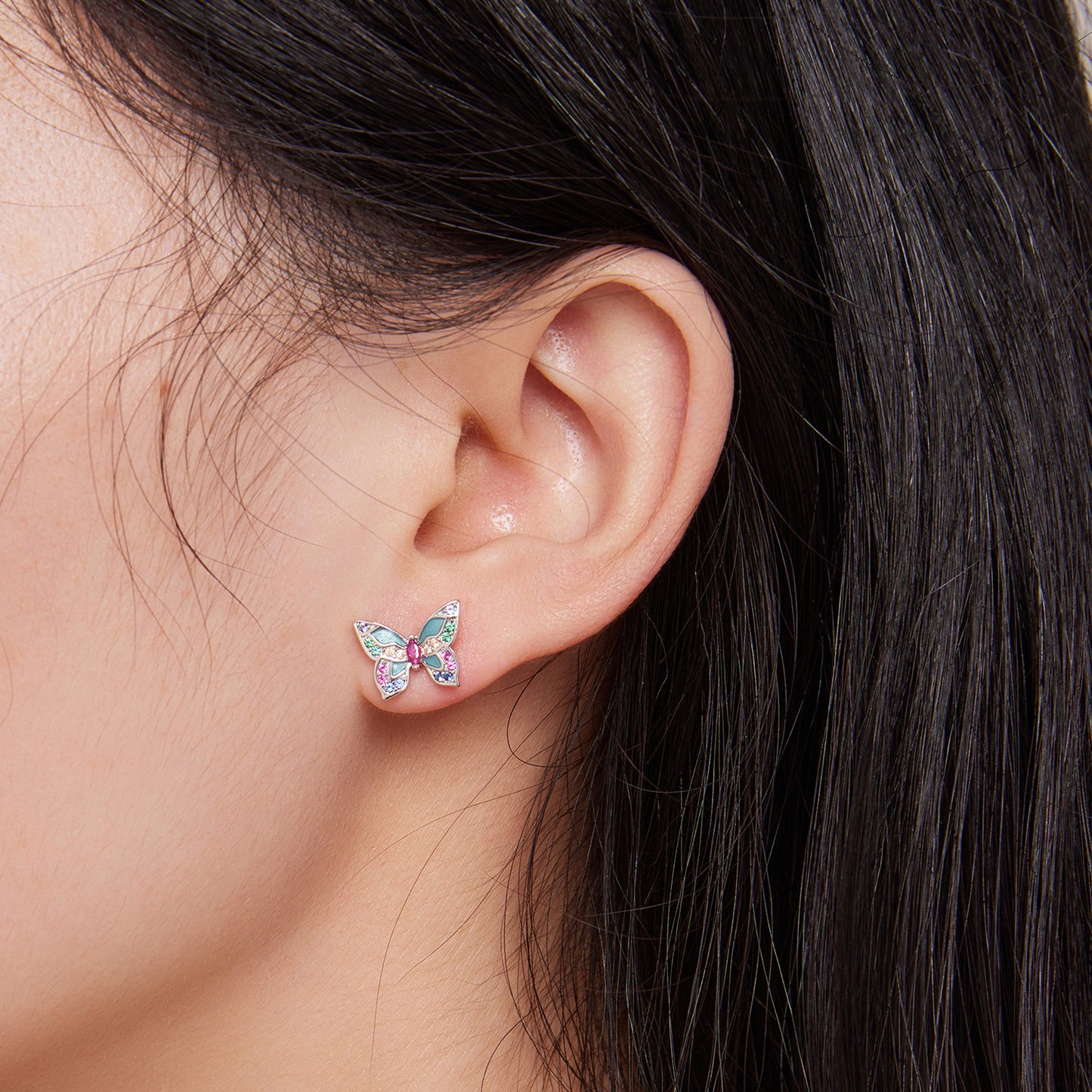 Stud Earrings Colorful Butterfly S925 Silver With Zircons