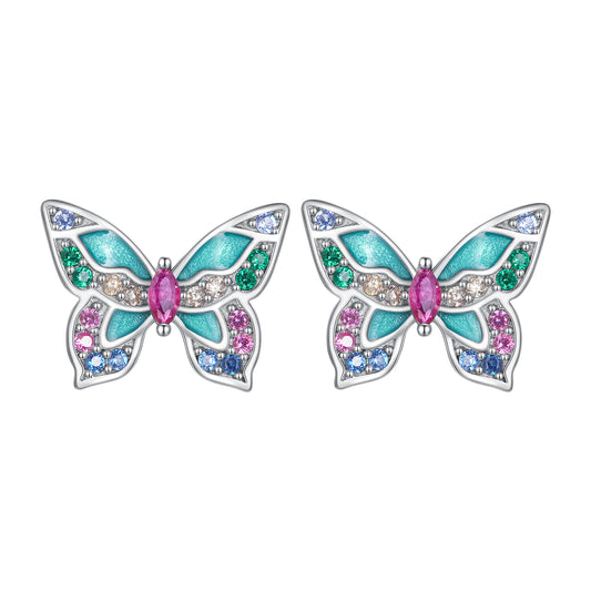 Stud Earrings Colorful Butterfly S925 Silver With Zircons