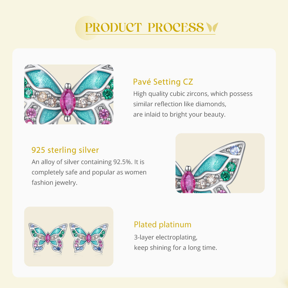 Stud Earrings Colorful Butterfly S925 Silver With Zircons