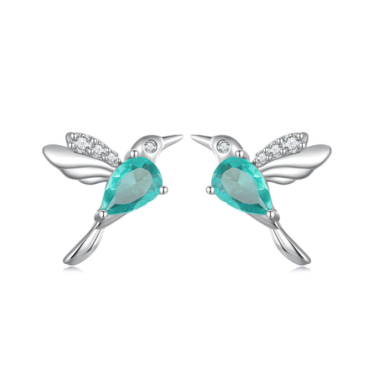 Stud Earrings Hummingbird 925 Silver With Green Glass