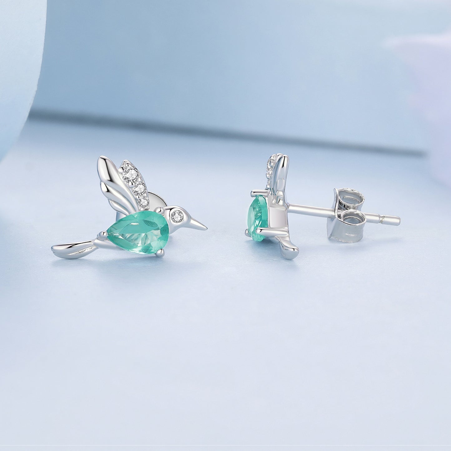 Stud Earrings Hummingbird 925 Silver With Green Glass