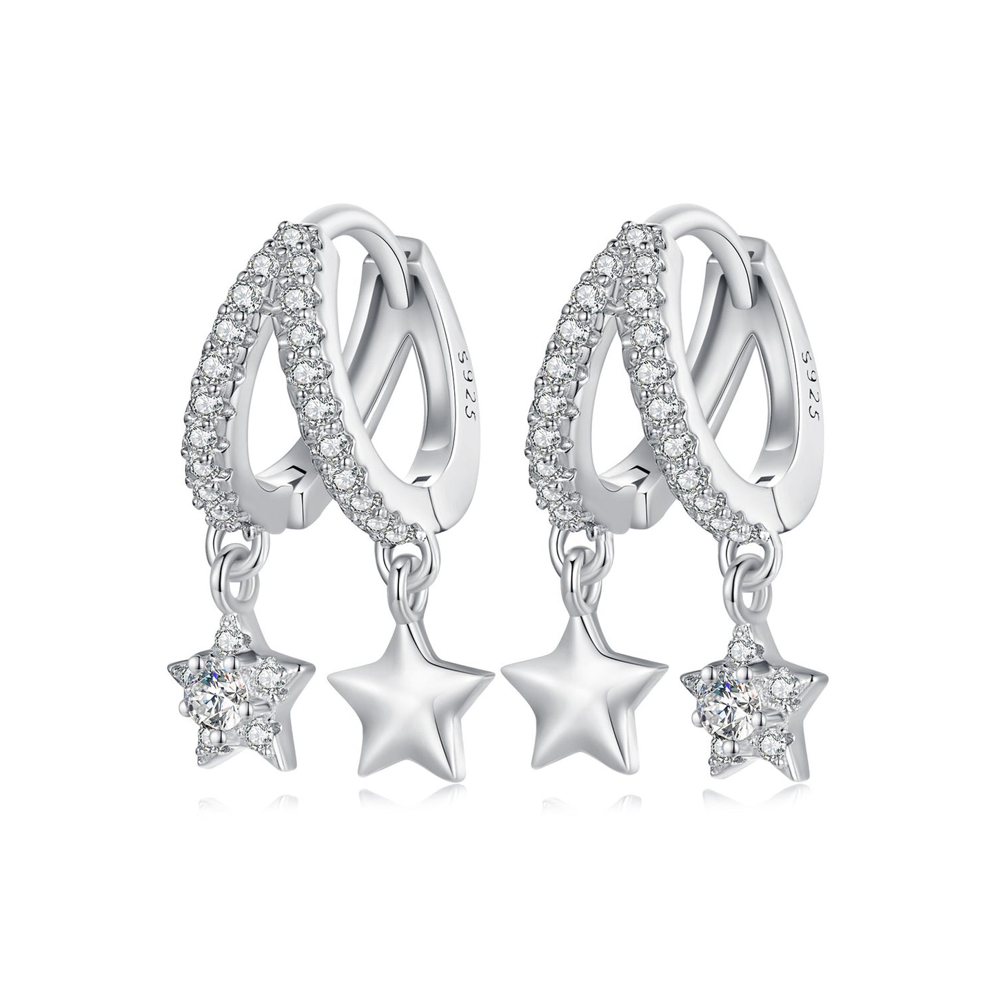 Hoop Earrings Double Stars S925 Silver With Shinning CZ Stones