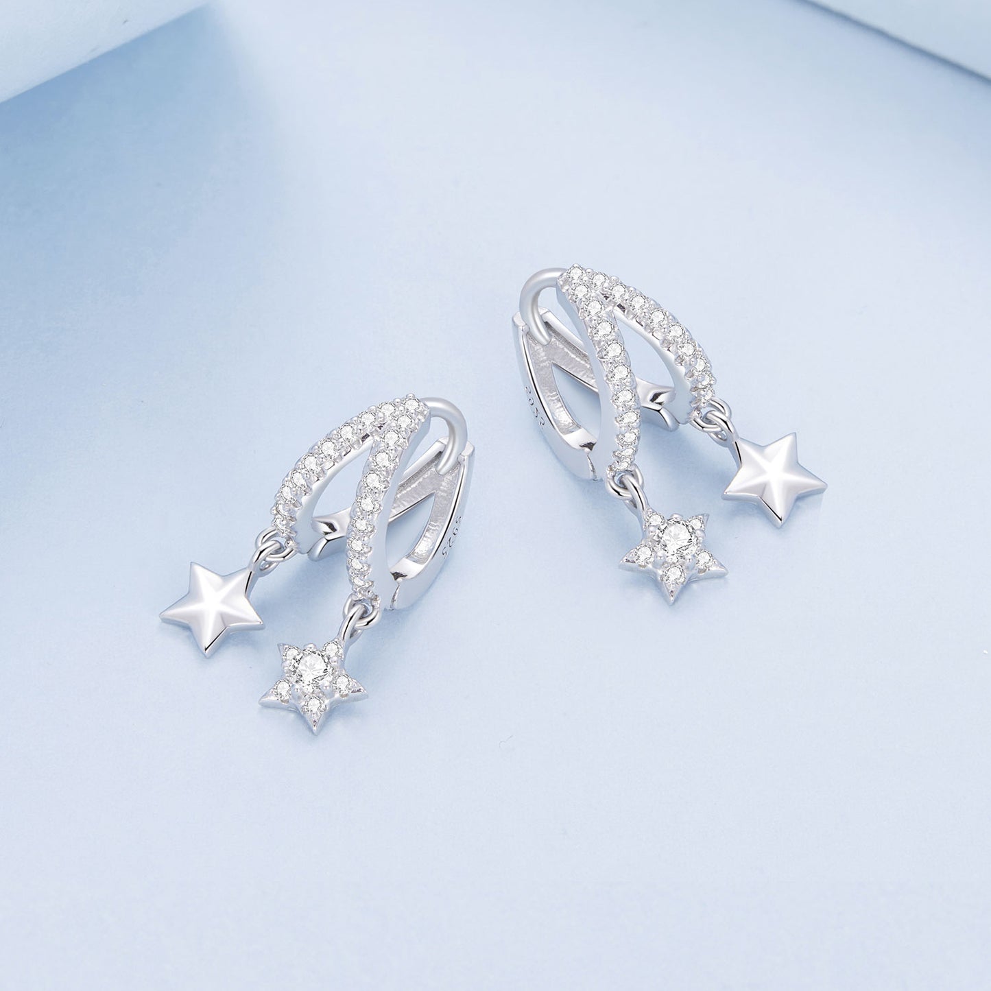 Hoop Earrings Double Stars S925 Silver With Shinning CZ Stones