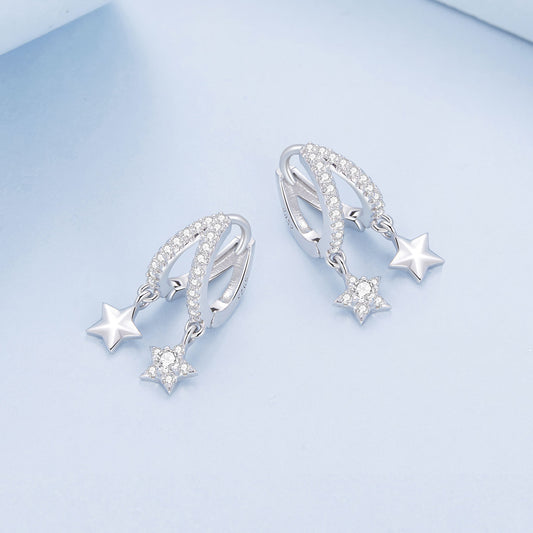 Hoop Earrings Double Stars S925 Silver With Shinning CZ Stones