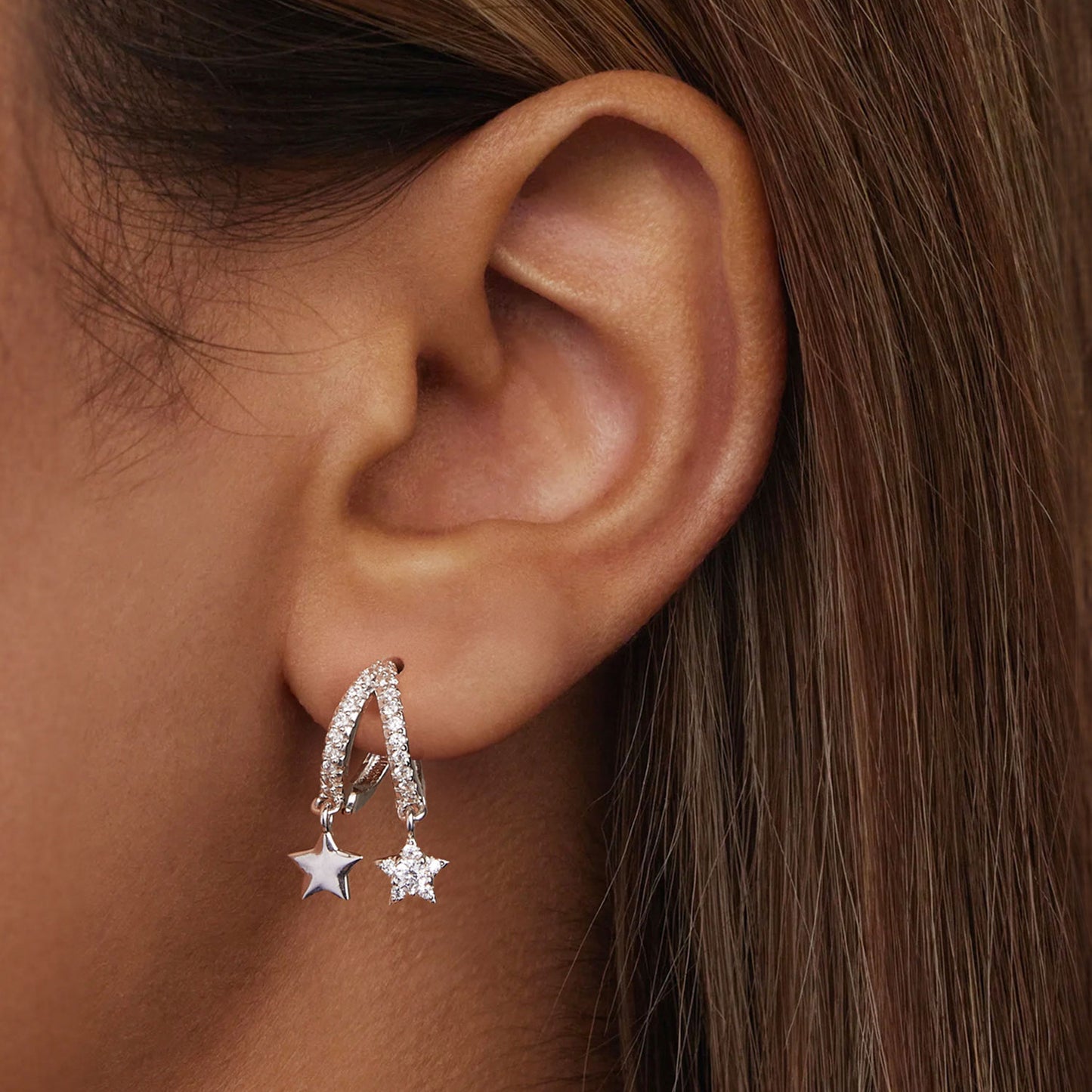 Hoop Earrings Double Stars S925 Silver With Shinning CZ Stones