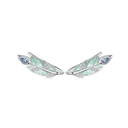 Stud Earrings Delicate Feather S925 Silver Enamel Process White Gold Plated