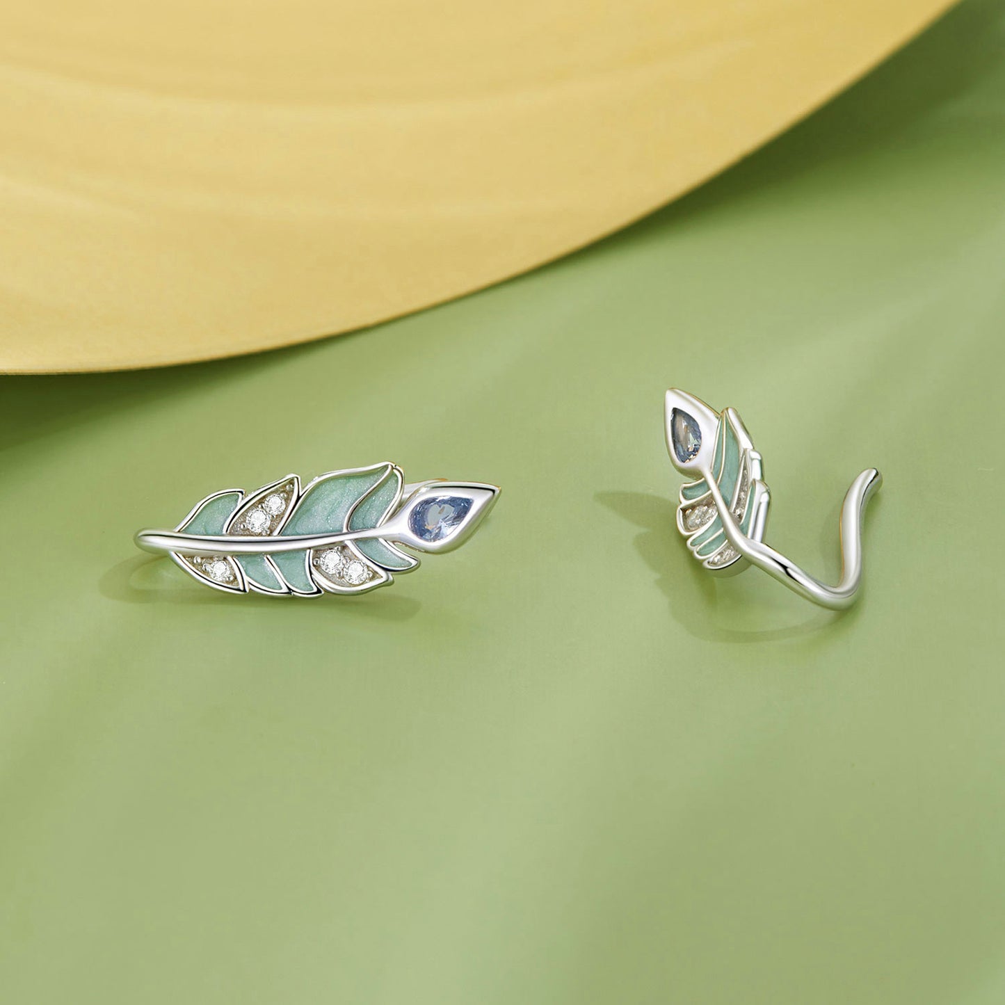 Stud Earrings Delicate Feather S925 Silver Enamel Process White Gold Plated