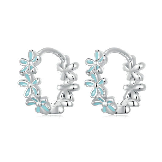 Boucles D'oreilles Créoles Élégantes Fleurs Bleues Argent S925