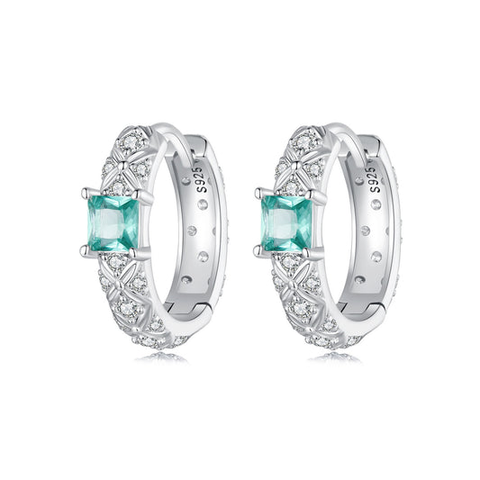 Hoop Earrings Green Stone Princess Cut S925 Silver