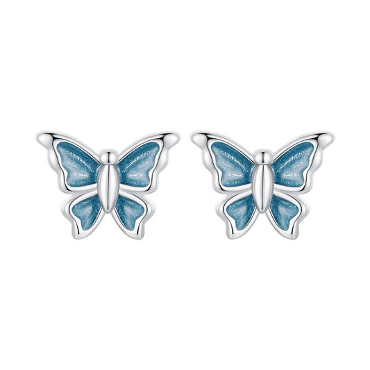 Stud Earrings Adorable Butterfly Blue S925 Silver