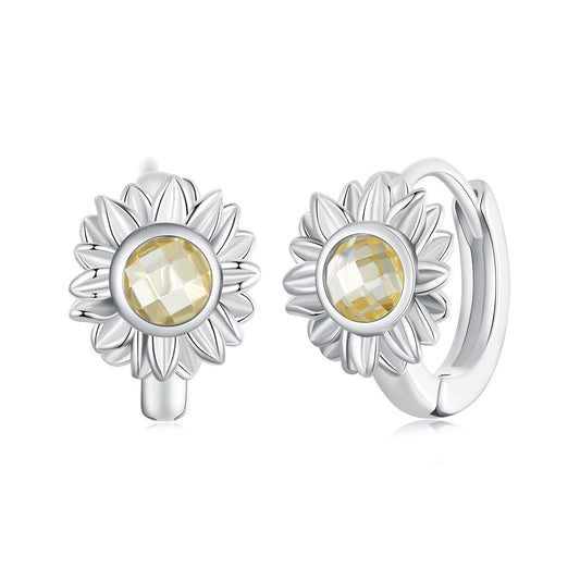 Hoop Earrings Sunflowers S925 Silver With Glass