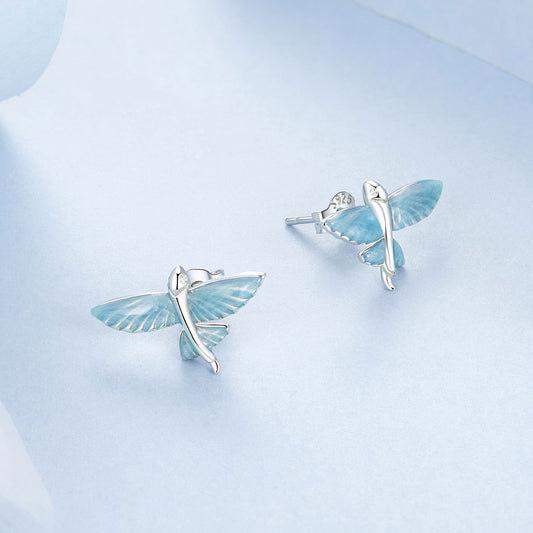 Stud Earrings Flying Fish White Blue Gradient S925 Silver